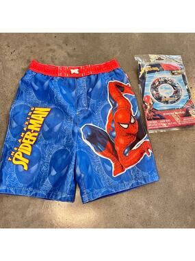 Spiderman blue red swim trunks shorts inflatable swim ring float boys size 7 set